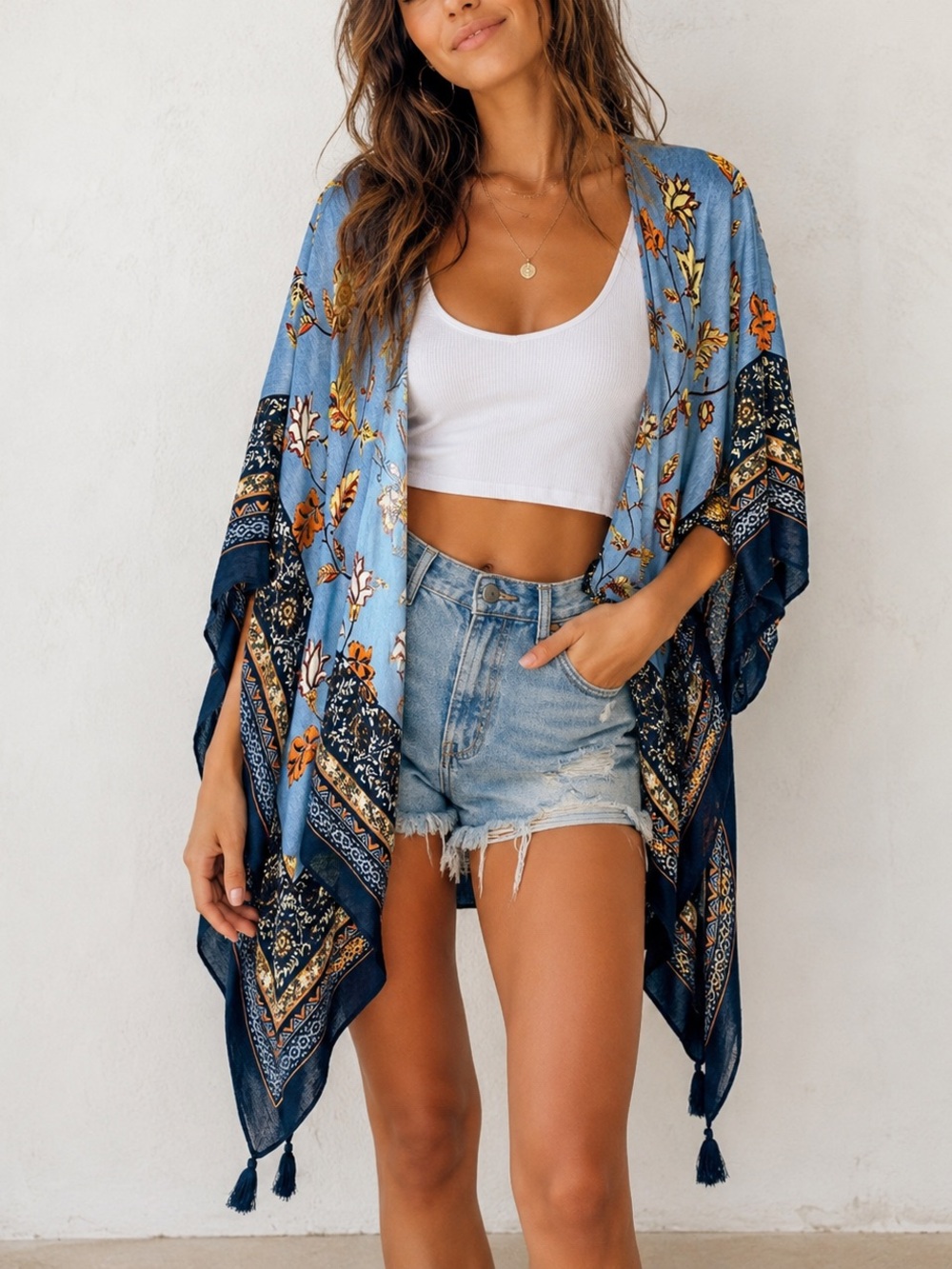 Vince Camuto Bohemian Blue Floral Tassel Kimono Topper Swim Cover OS
